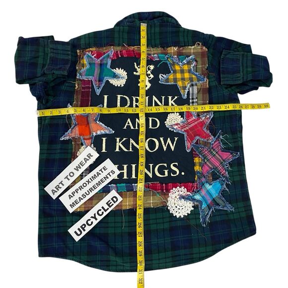 Upcycled Flannel Shirt Shacket Womens 1X Grunge Patchwork Folk Art Drink Camp - Picture 4 of 15